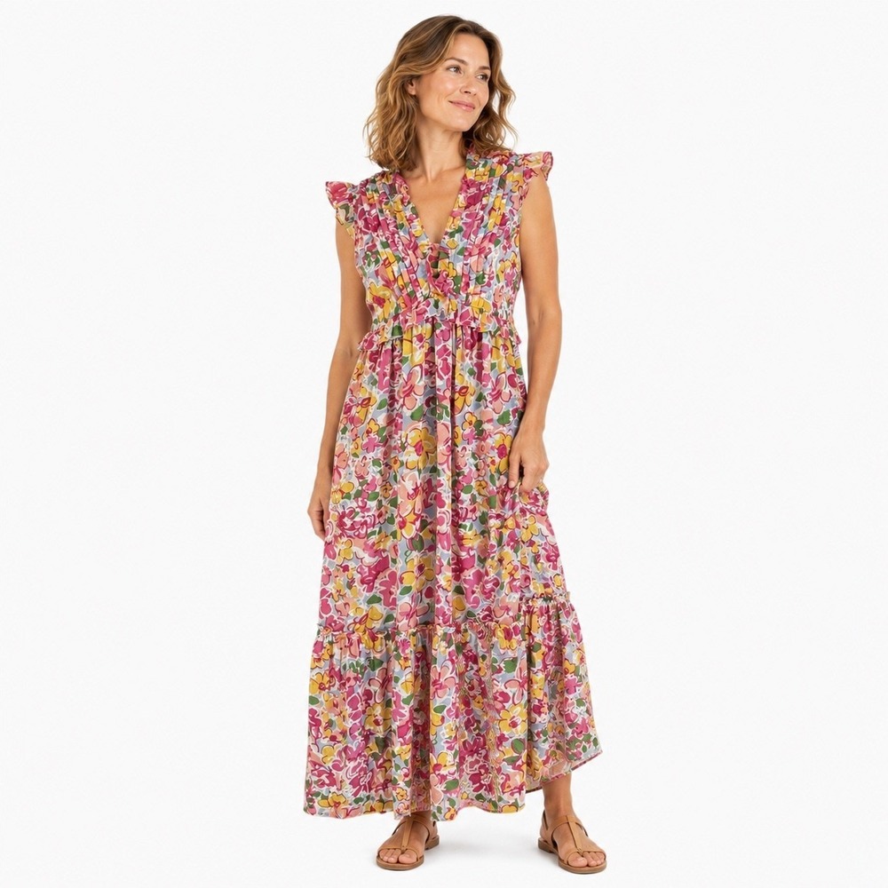 Banjanan Constance Dress Floral Breeze Pink 100% Cotton‎ Maxi V-Neck Small NWT